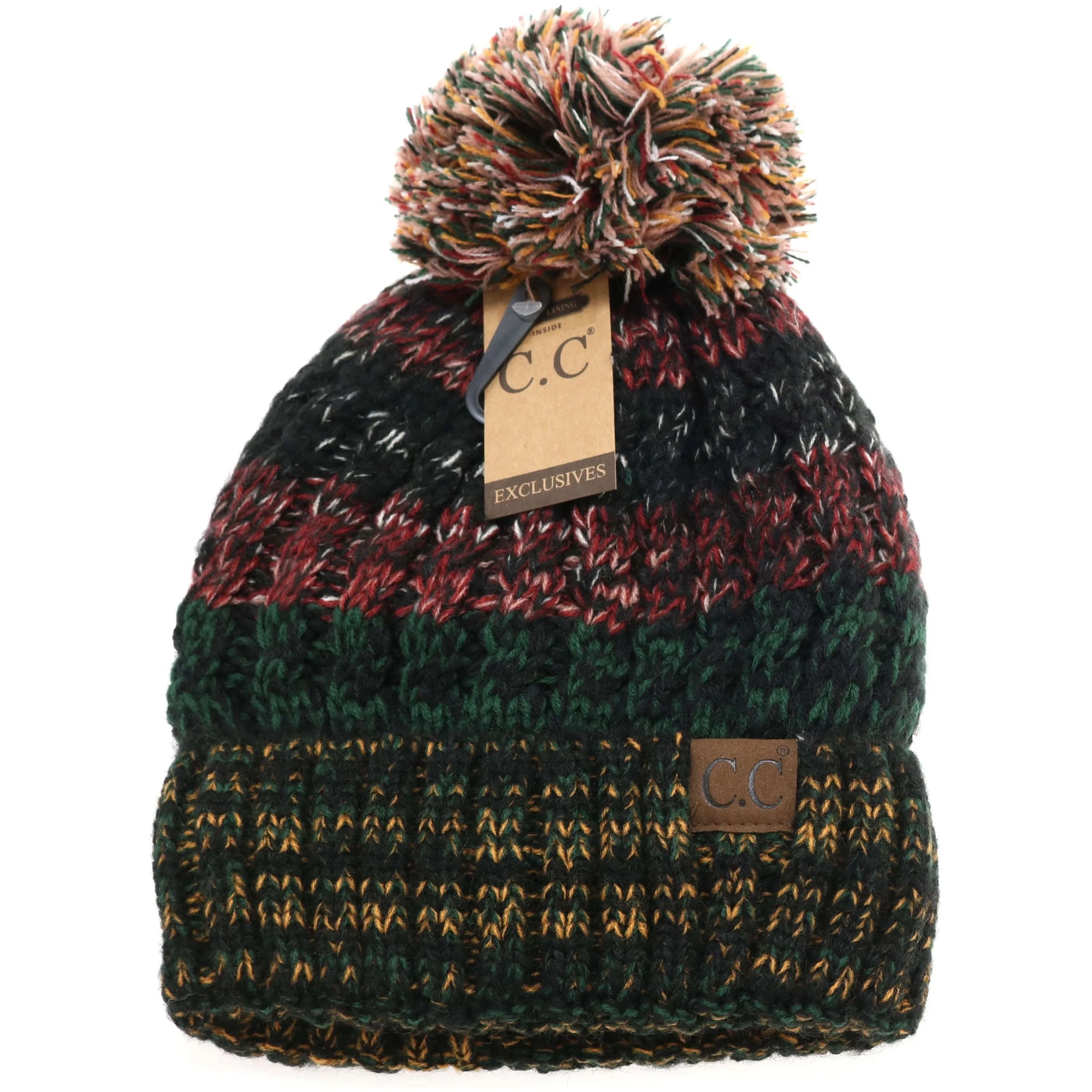 Fuzzy Lined Tri-Color Pom CC Beanie HAT1816