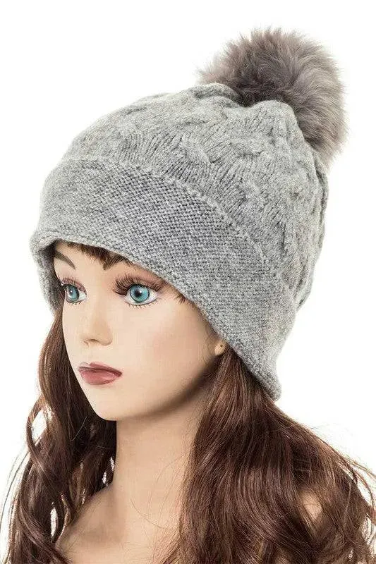 Genuine Fur Pom Pom Slouchy Beanie