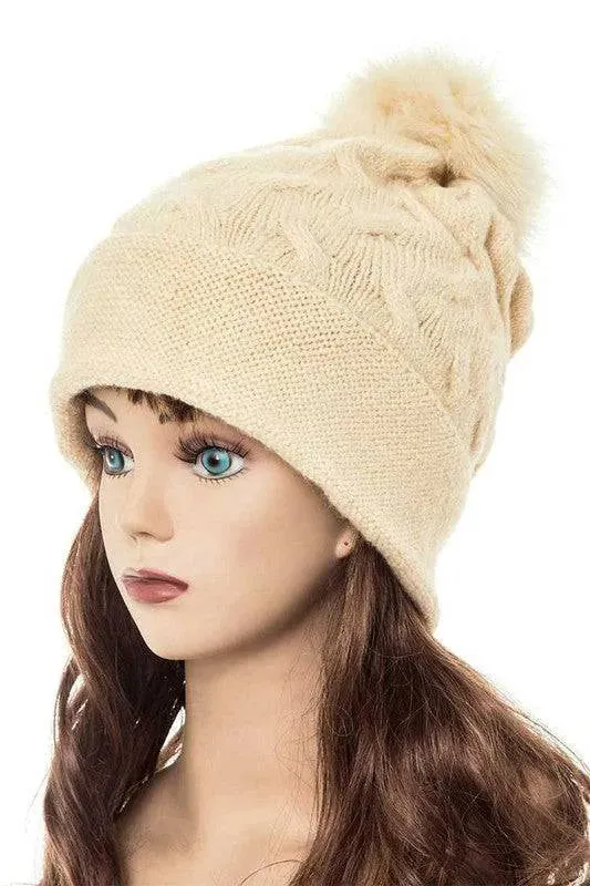 Genuine Fur Pom Pom Slouchy Beanie