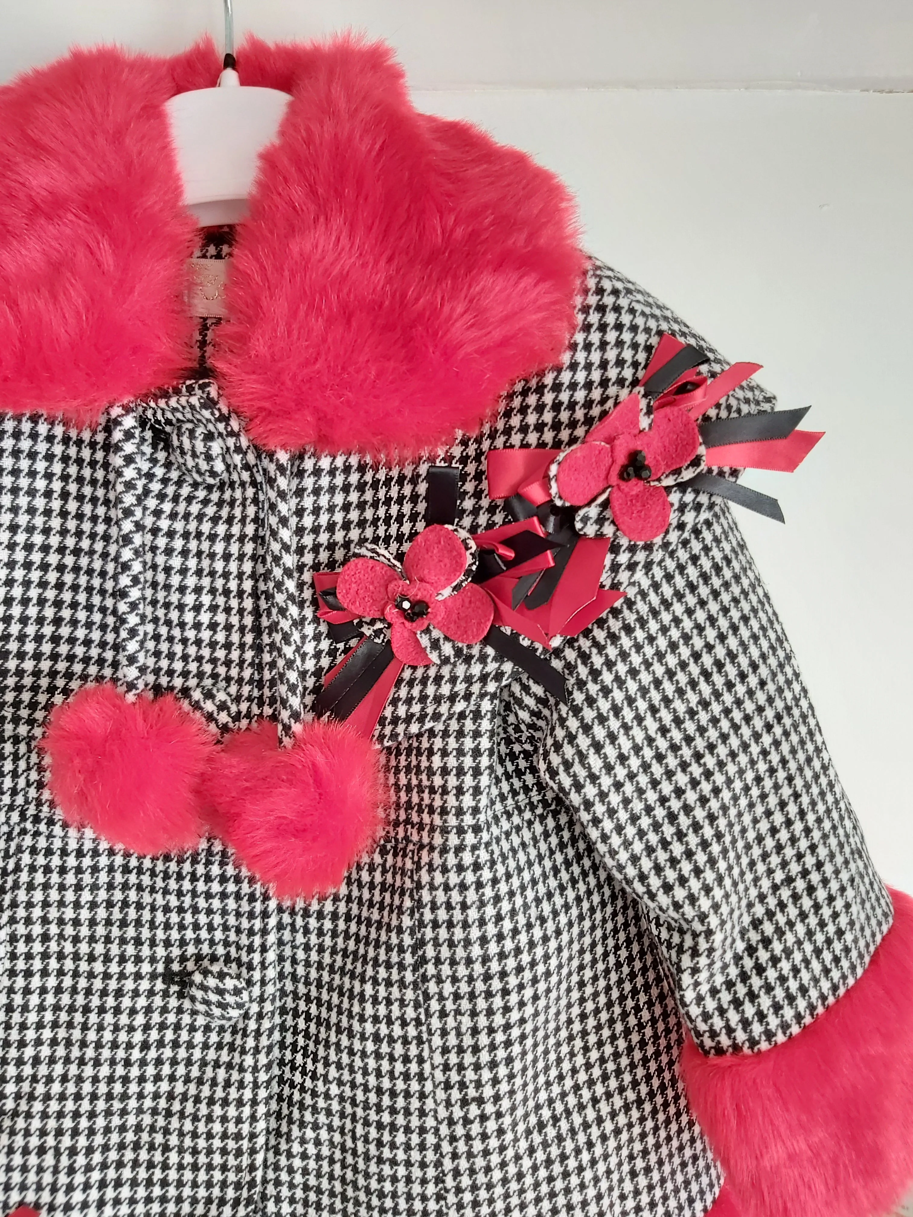 Girl's Houndstooth Coat with red faux fur & Hat