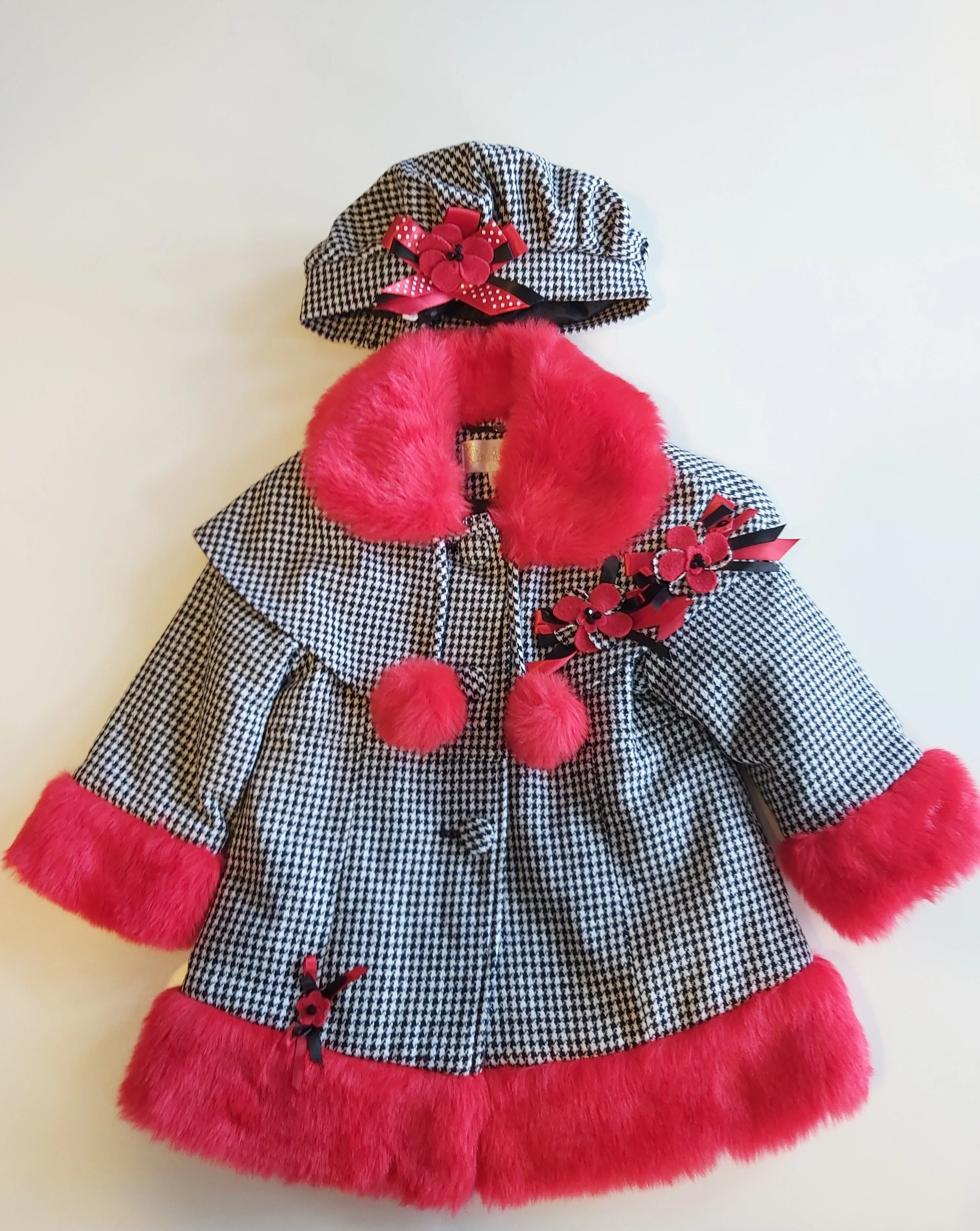 Girl's Houndstooth Coat with red faux fur & Hat