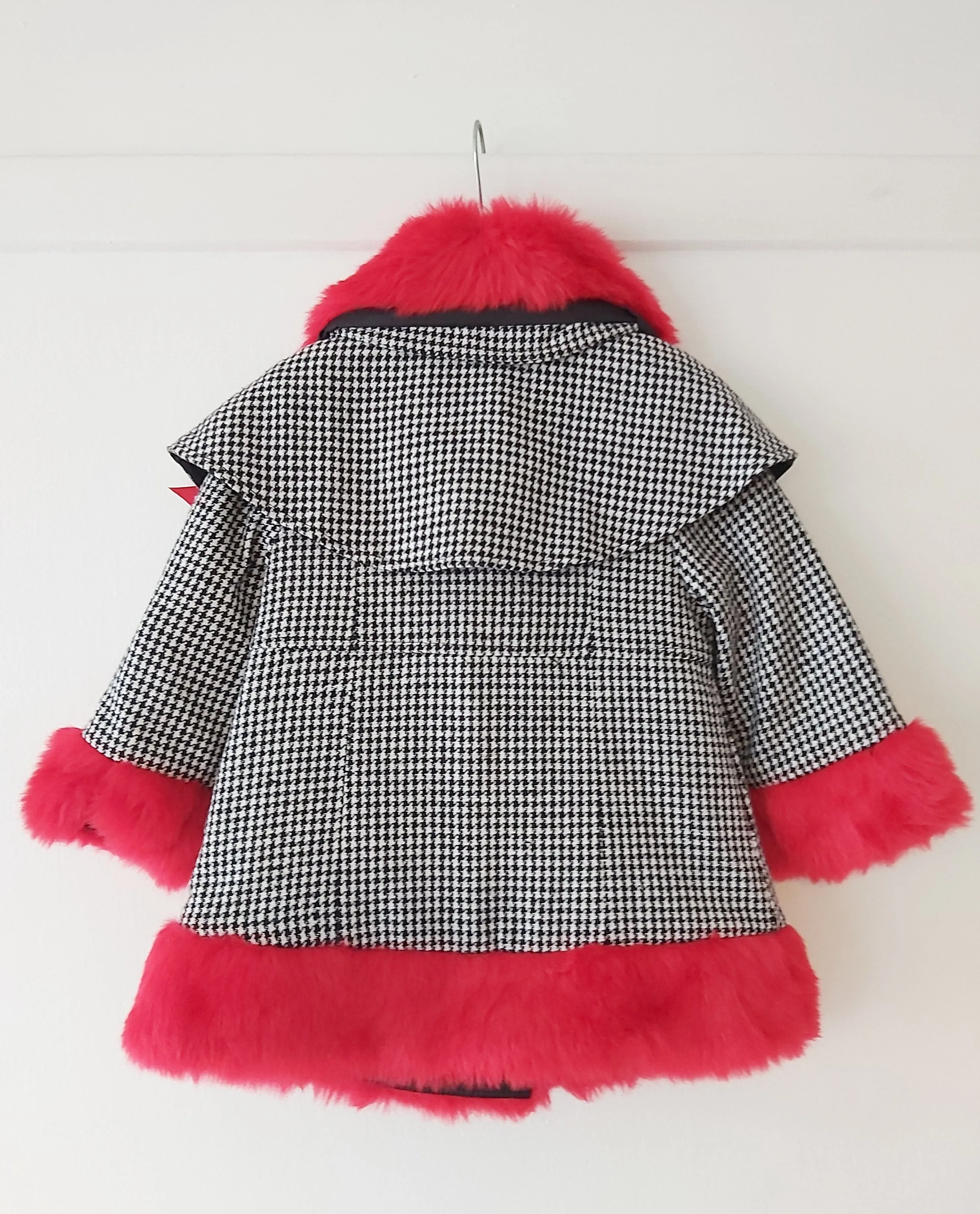 Girl's Houndstooth Coat with red faux fur & Hat