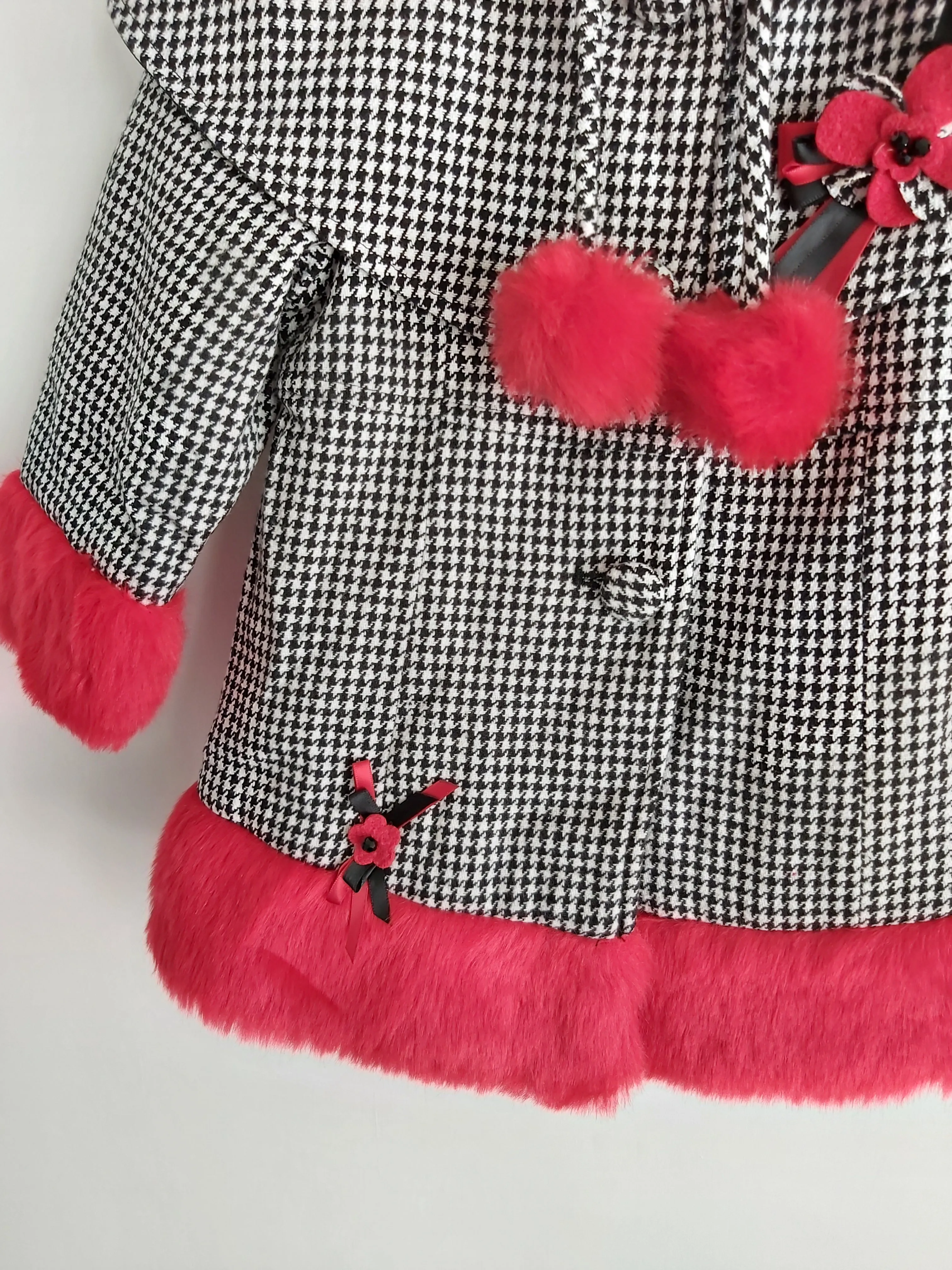 Girl's Houndstooth Coat with red faux fur & Hat