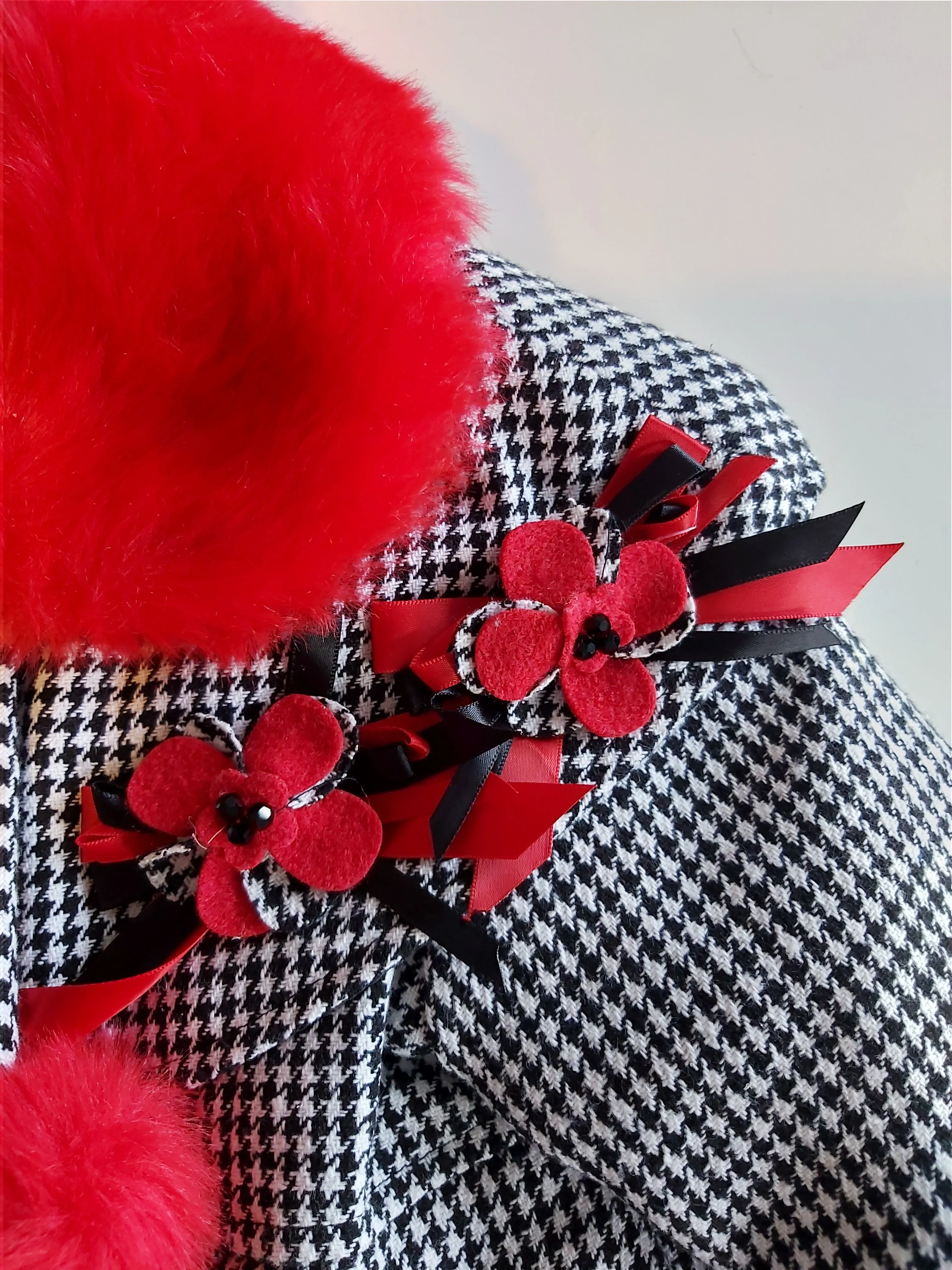 Girl's Houndstooth Coat with red faux fur & Hat