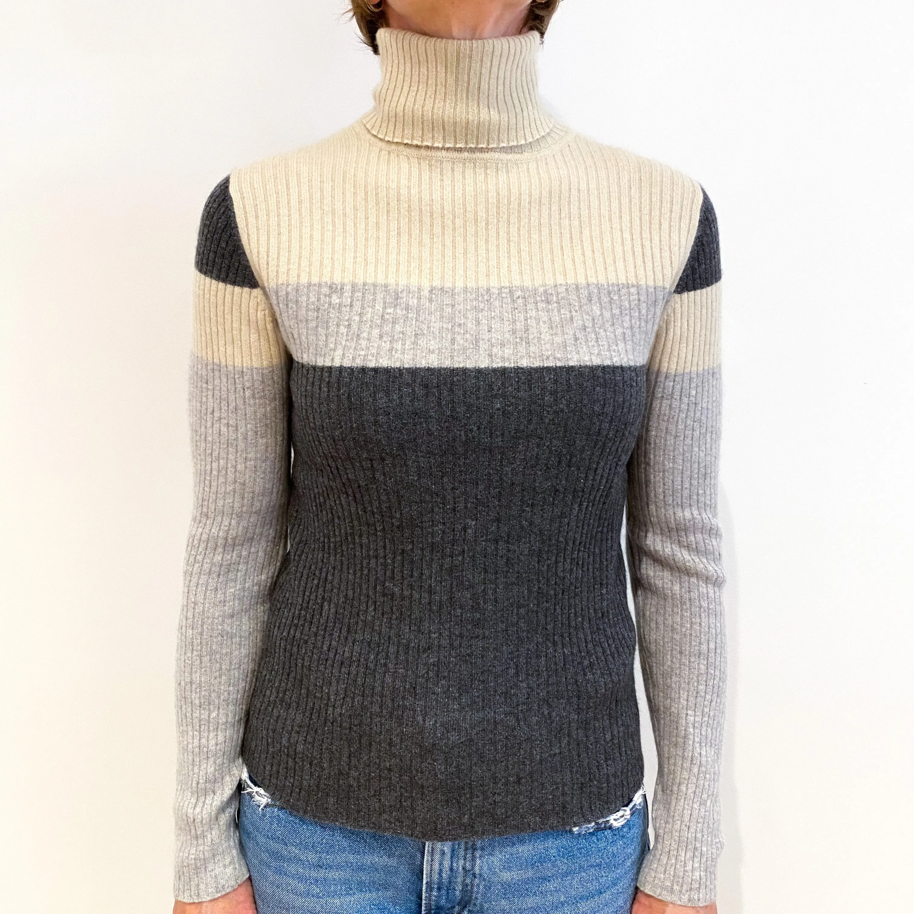 Grey and Beige Rib Cashmere Polo Neck Jumper Small