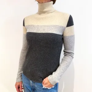 Grey and Beige Rib Cashmere Polo Neck Jumper Small