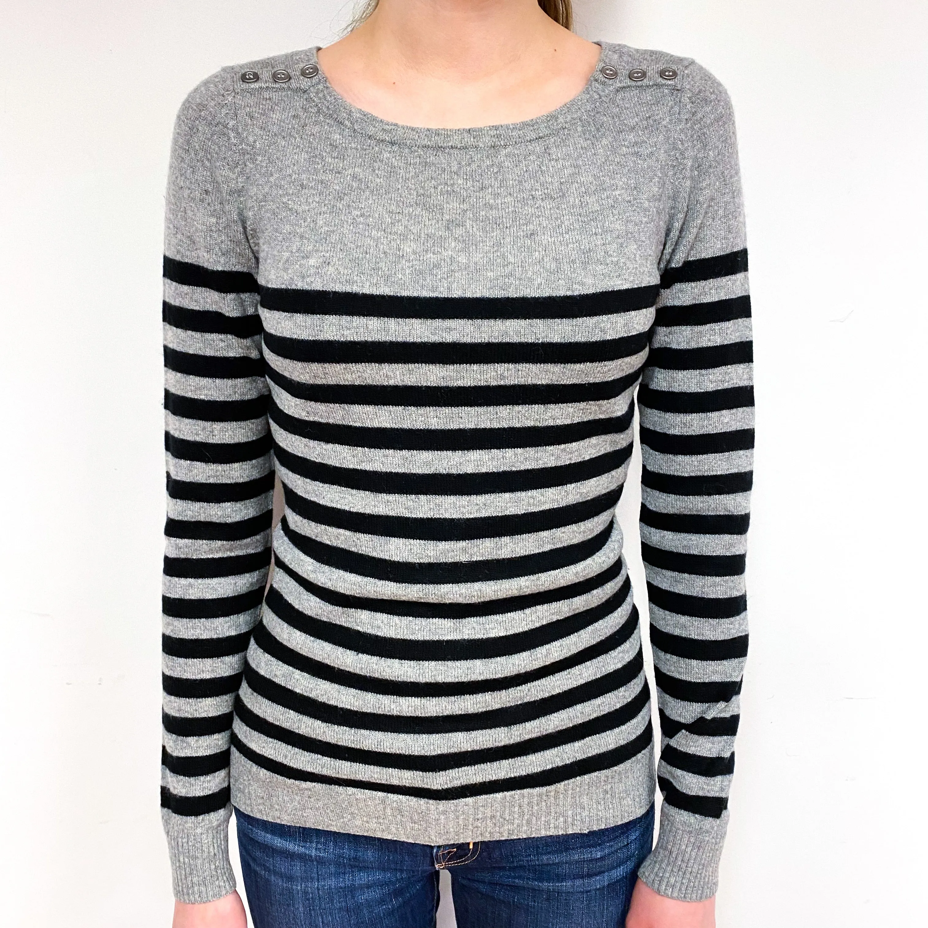 Grey Black Stripe Cashmere Crew Neck Jumper Extra Small