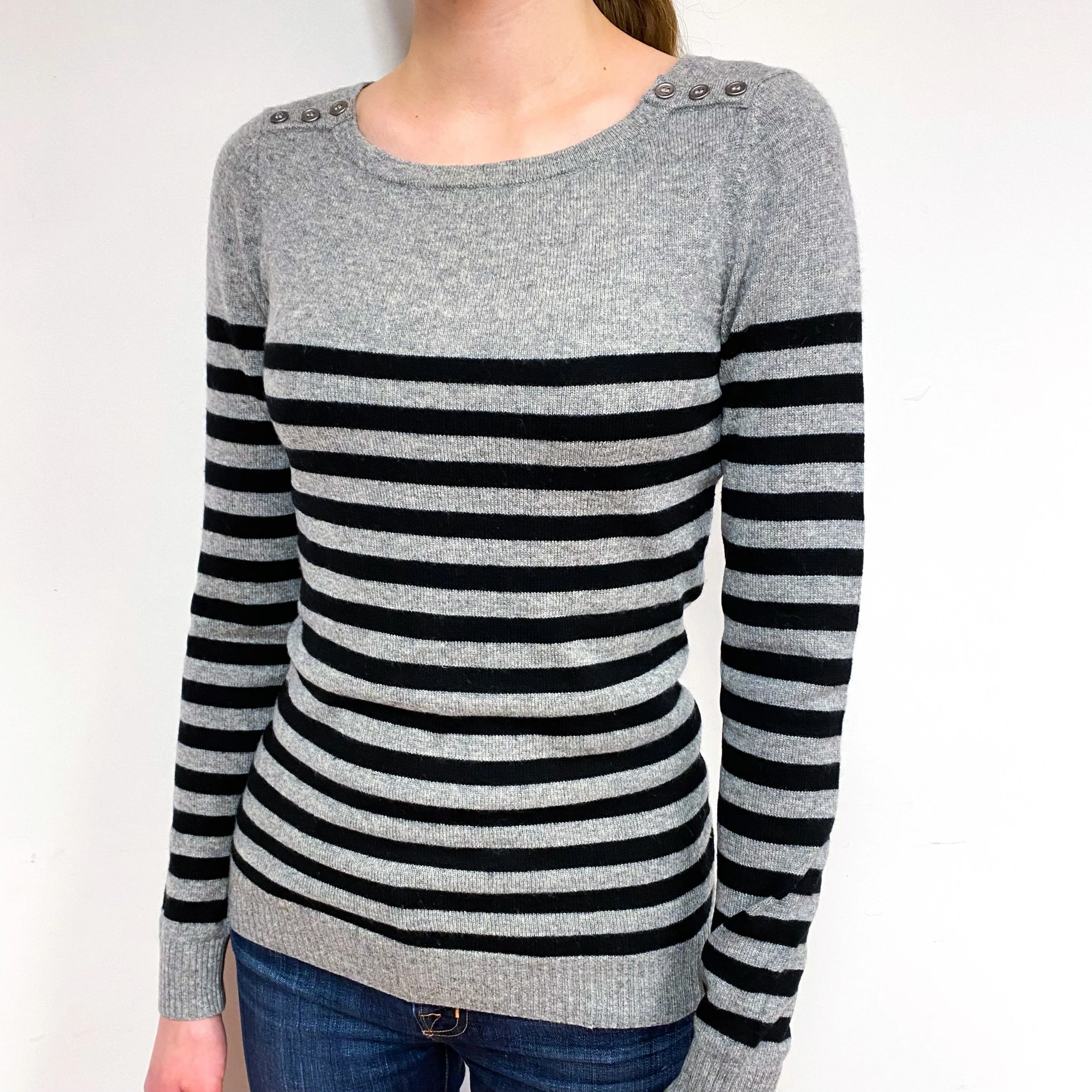 Grey Black Stripe Cashmere Crew Neck Jumper Extra Small