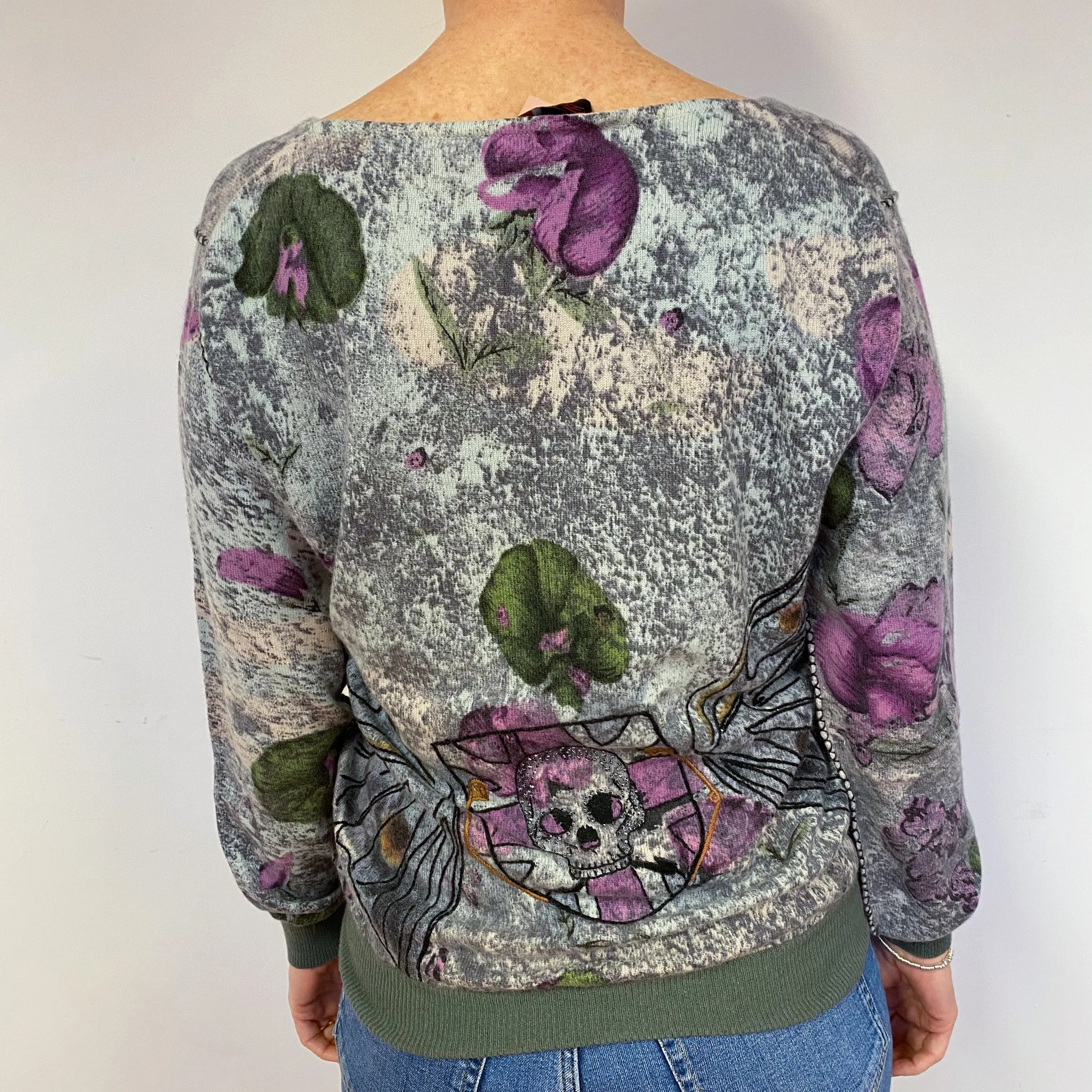 Grey Patterned Cashmere V-Neck Jumper Medium