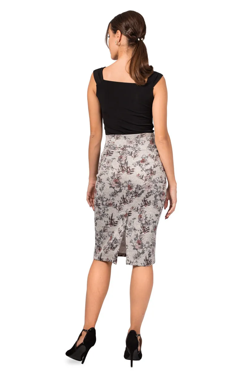 Grey Pencil Skirt With Floral Print (S,M,L)