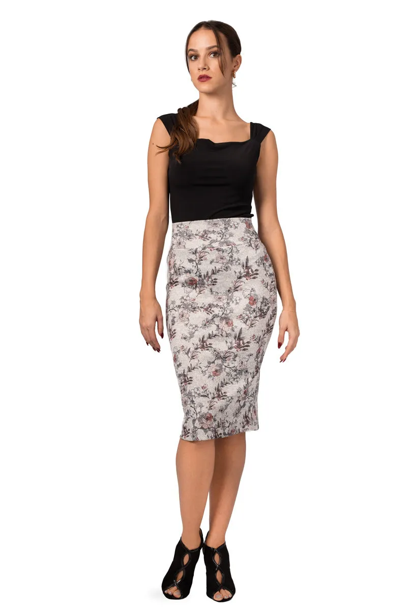 Grey Pencil Skirt With Floral Print (S,M,L)