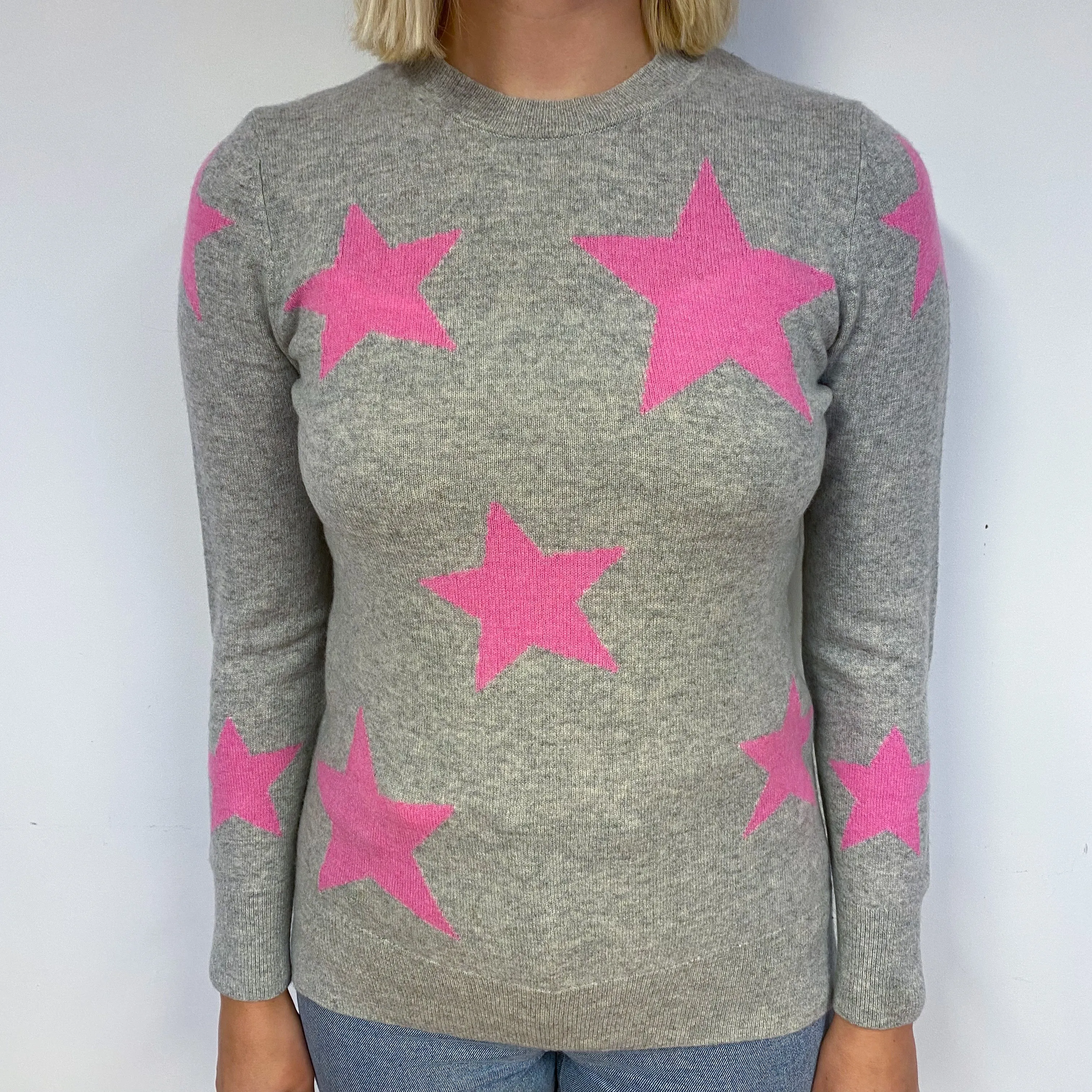 Grey Pink Star Cashmere Crew Neck Jumper Small