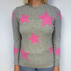 Grey Pink Star Cashmere Crew Neck Jumper Small