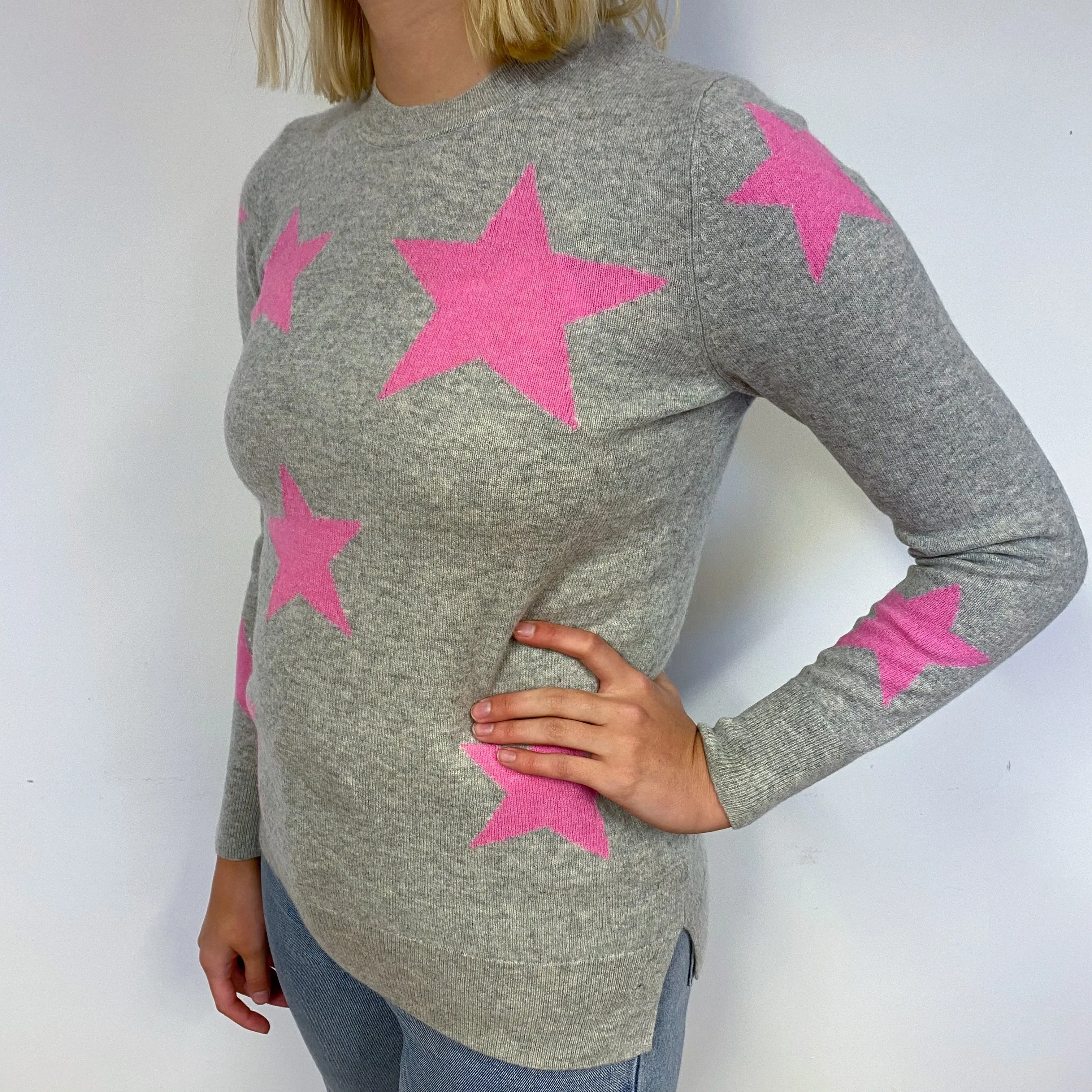 Grey Pink Star Cashmere Crew Neck Jumper Small