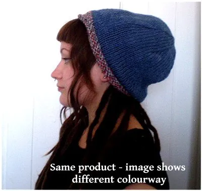 Hand Knitted Slouchy Beanie Hat (Cream Fleck with Red/Brown Trim)