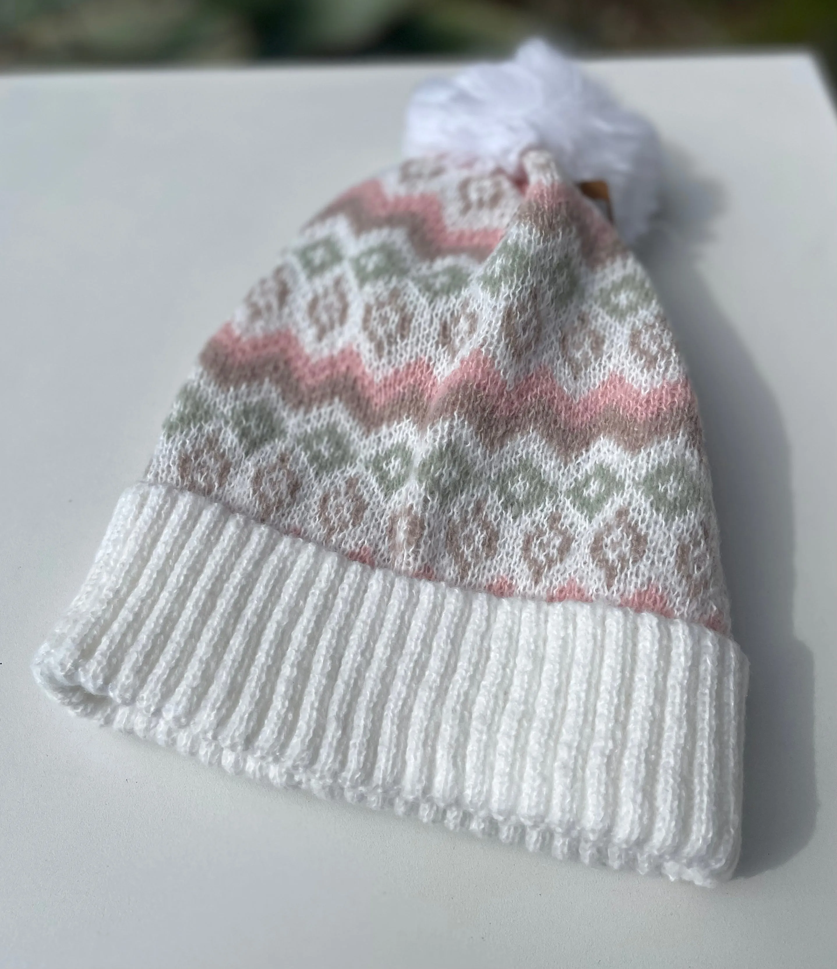 Ivory & Pink Diamond Design Pom Pom Beanie