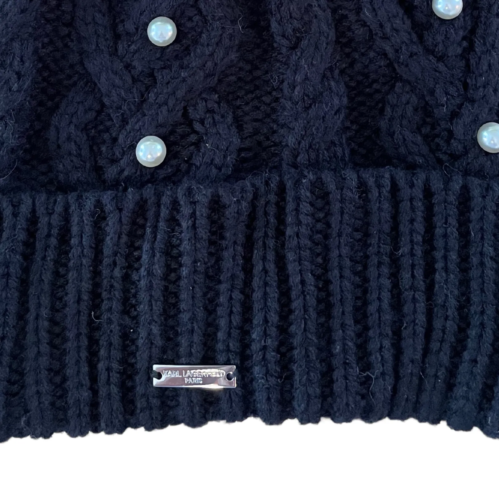KARL LAGERFELD Women's Pom Pom Pearl Beanie in Black