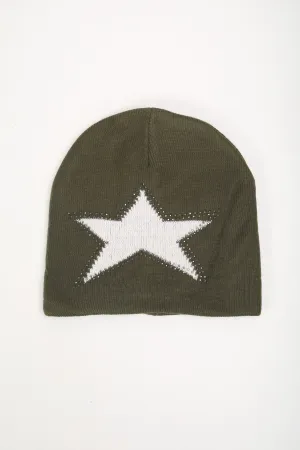 Khaki Star Embellished Beanie