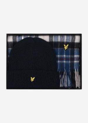 Lambswool blend checked scarf and beanie gift set - dark navy