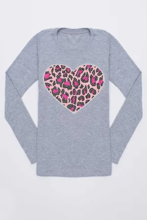 Leopard Heart Grey Trendy Long Sleeve Tee - Girls