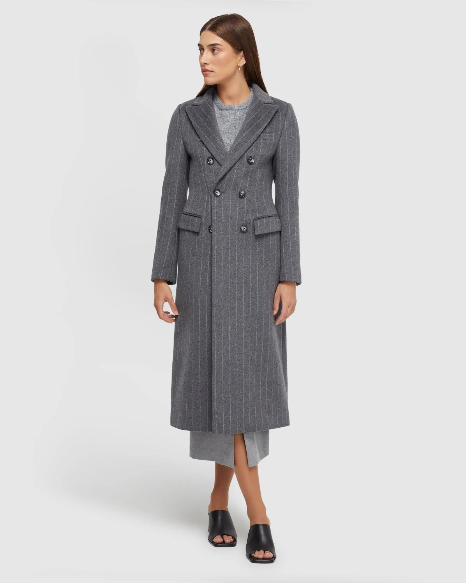 Lilian Pinstripe Wool Rich Overcoat