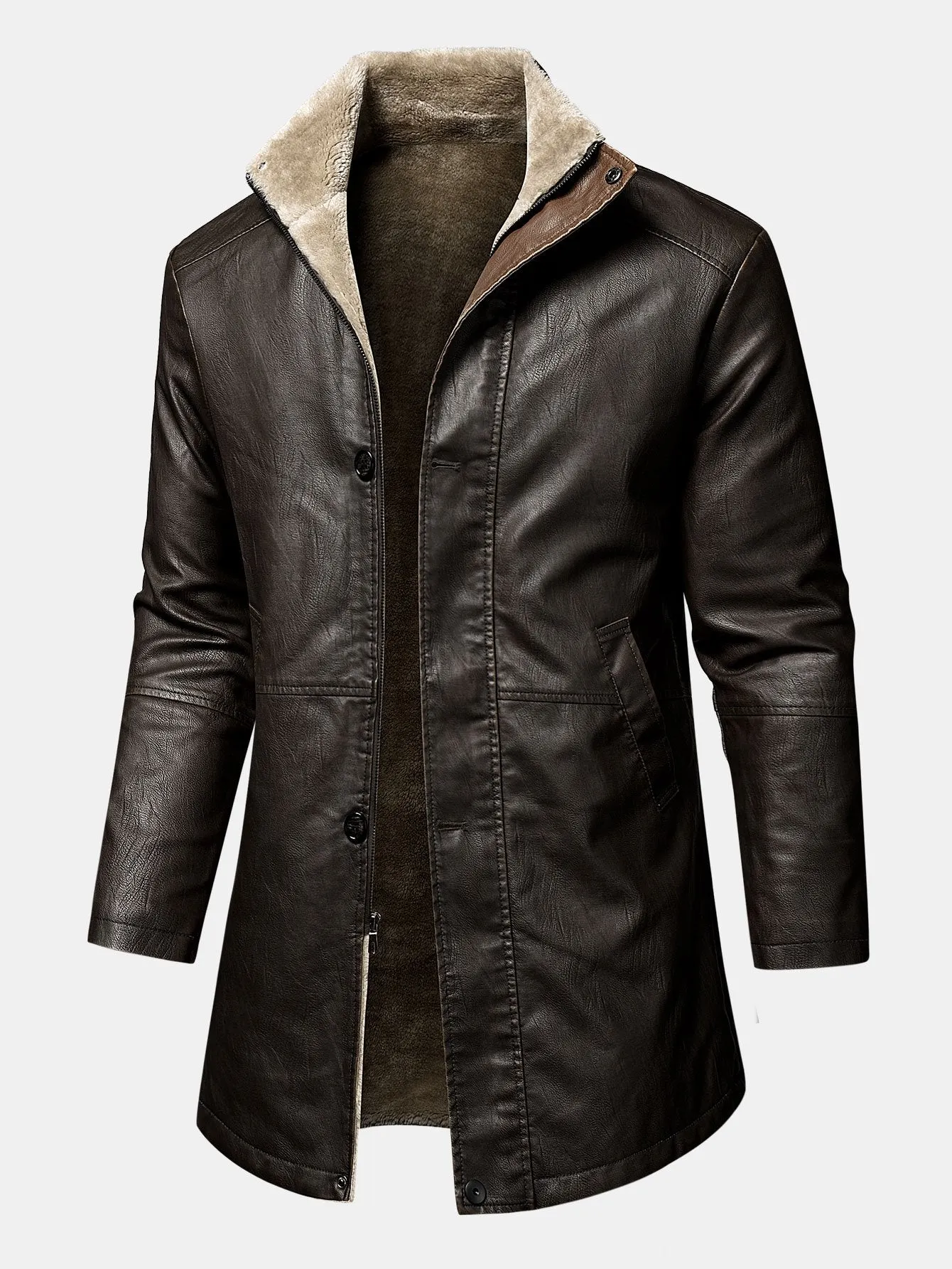 Long Lined Faux Fur Lined PU Leather Overcoat