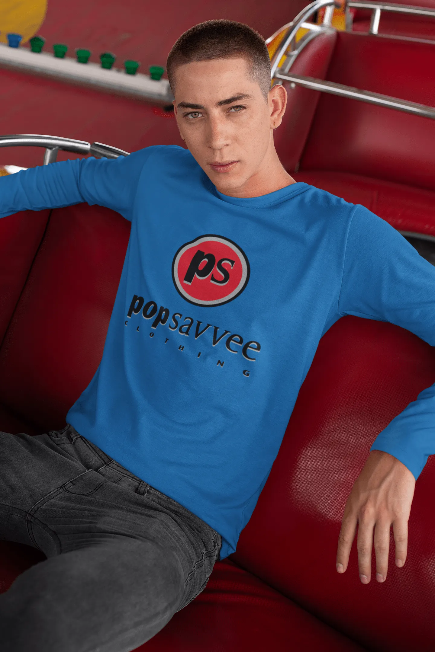 Long Sleeve Crewneck T-Shirt - Red “Pop Savvee Clothing” Logo