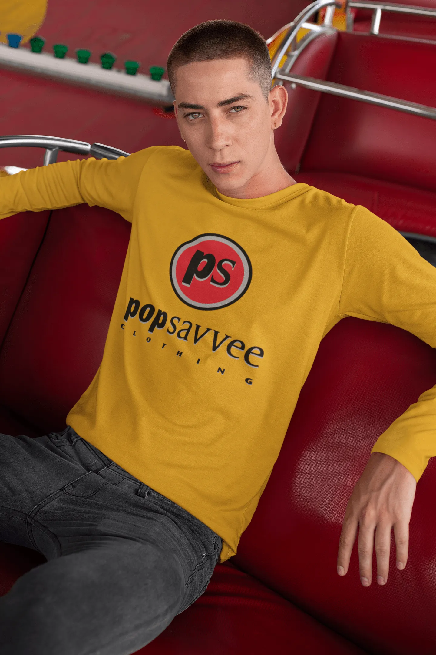 Long Sleeve Crewneck T-Shirt - Red “Pop Savvee Clothing” Logo