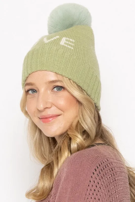 LOVE Ribbed Cuff Knit Beanie Hat w Pom Pom