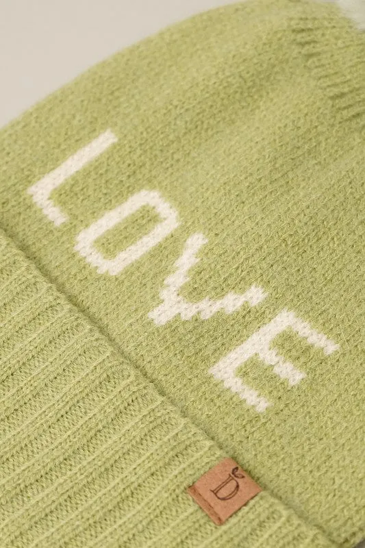 LOVE Ribbed Cuff Knit Beanie Hat w Pom Pom