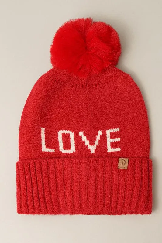 LOVE Ribbed Cuff Knit Beanie Hat w Pom Pom