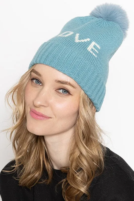LOVE Ribbed Cuff Knit Beanie Hat w Pom Pom