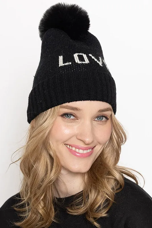 LOVE Ribbed Cuff Knit Beanie Hat w Pom Pom