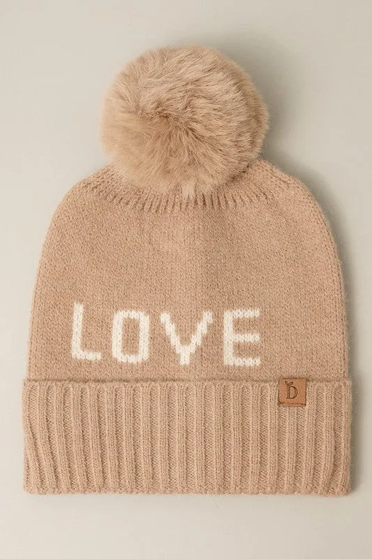 LOVE Ribbed Cuff Knit Beanie Hat w Pom Pom