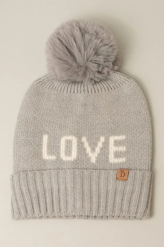 LOVE Ribbed Cuff Knit Beanie Hat w Pom Pom