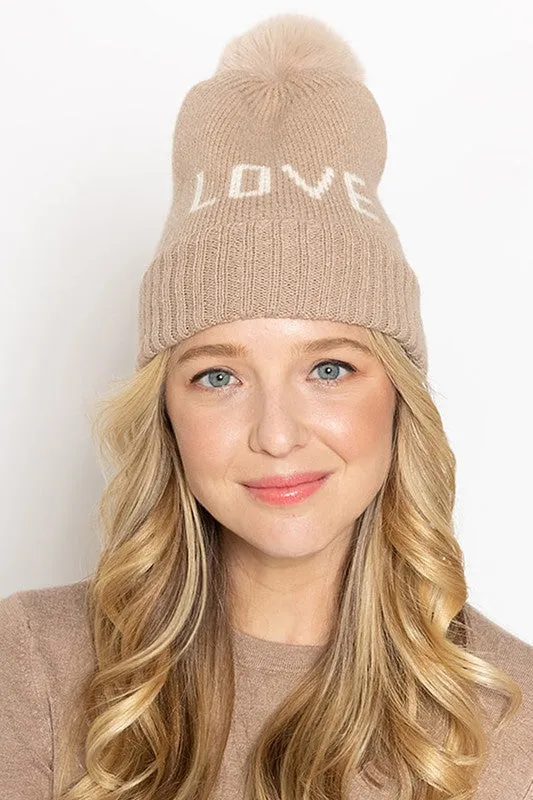 LOVE Ribbed Cuff Knit Beanie Hat w Pom Pom