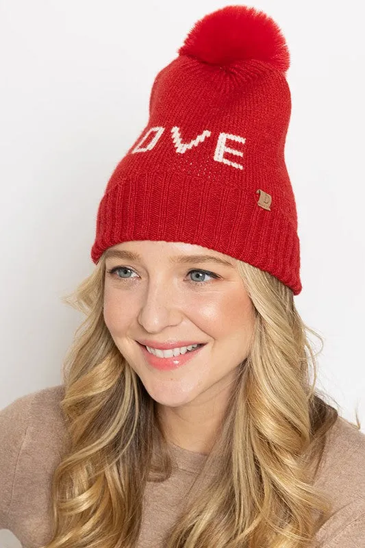 LOVE Ribbed Cuff Knit Beanie Hat w Pom Pom