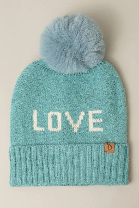 LOVE Ribbed Cuff Knit Beanie Hat w Pom Pom