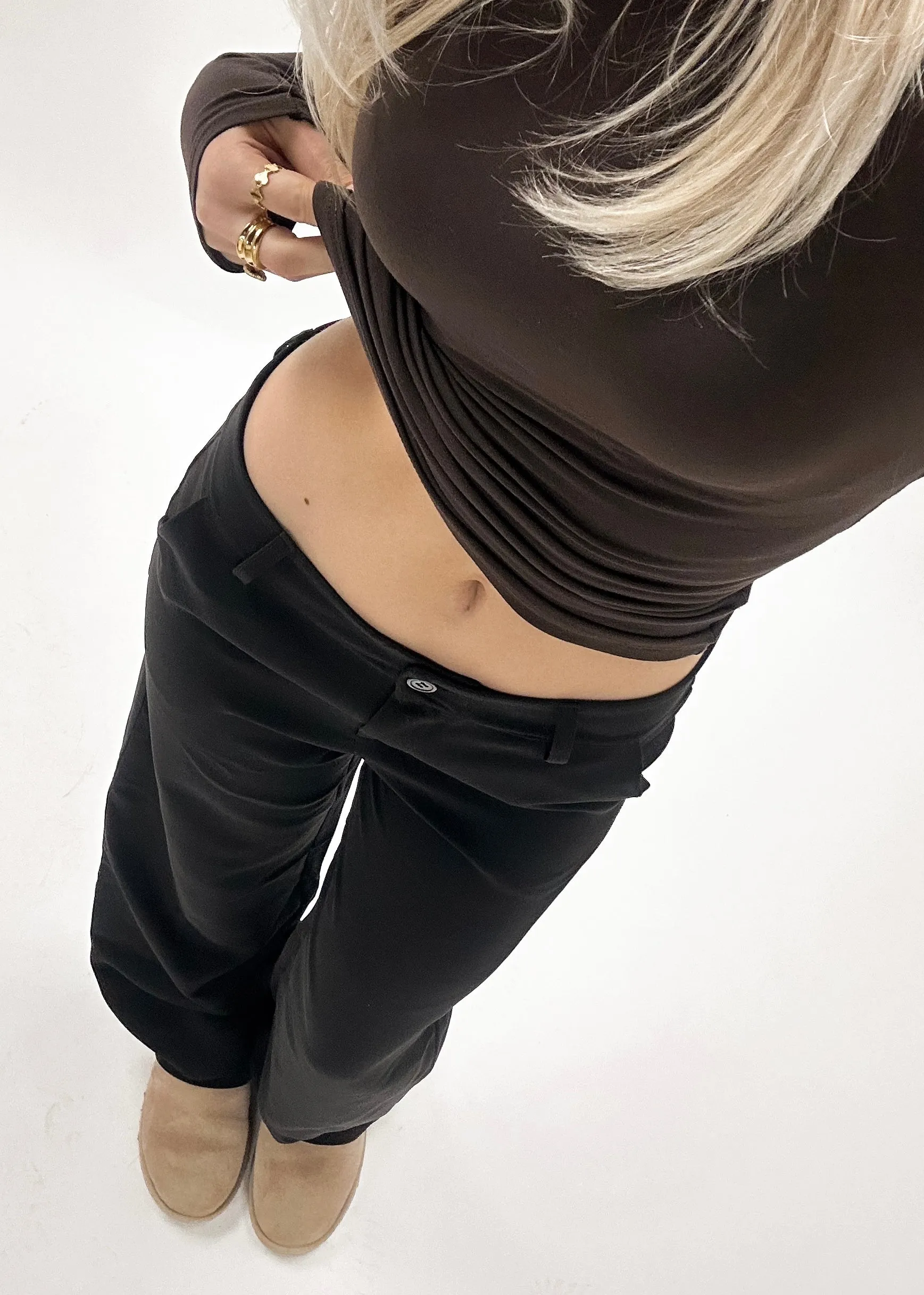 Low/mid waist straight leg pants casual black (REGULAR)