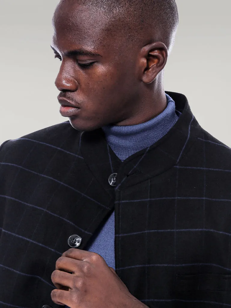 Mandarin Collar Black Checked Coat - Wessi