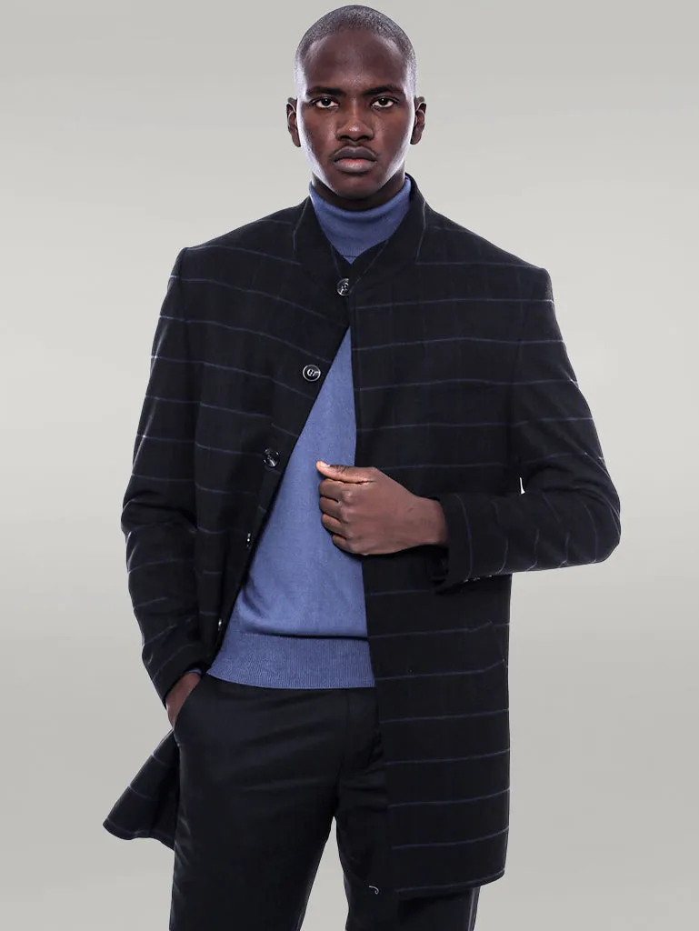Mandarin Collar Black Checked Coat - Wessi