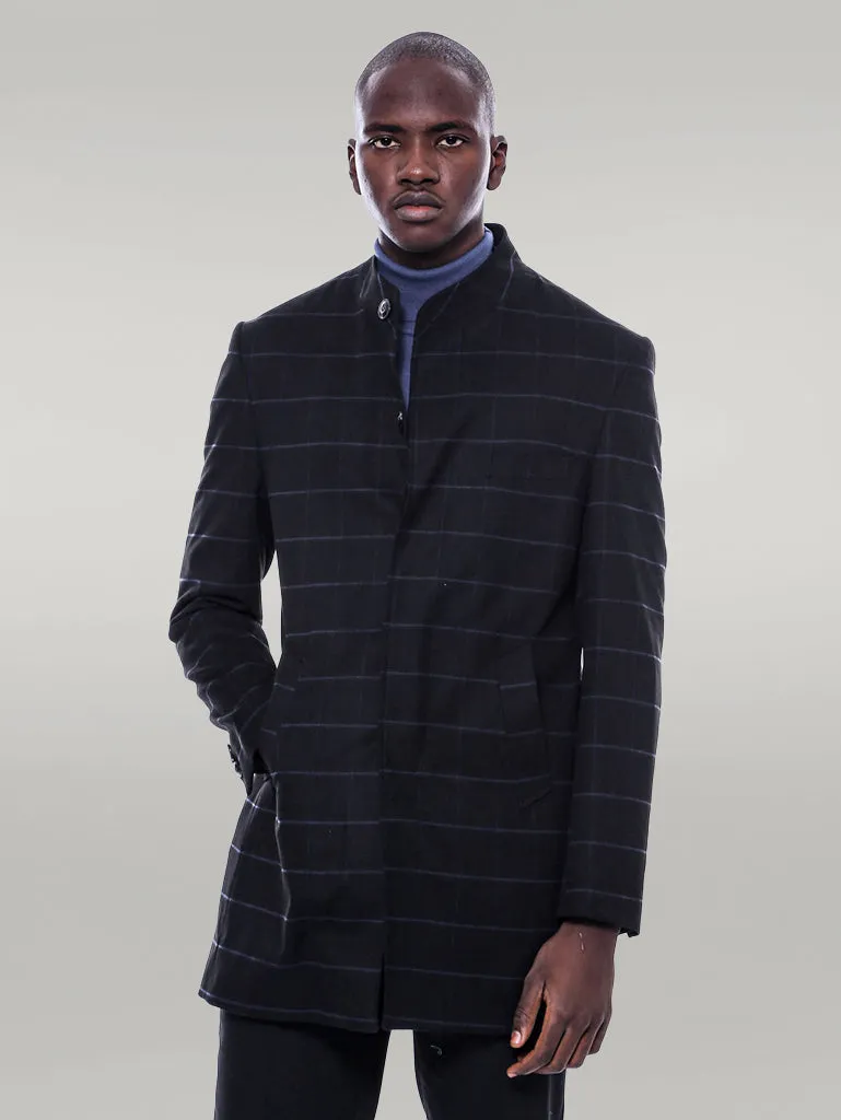 Mandarin Collar Black Checked Coat - Wessi