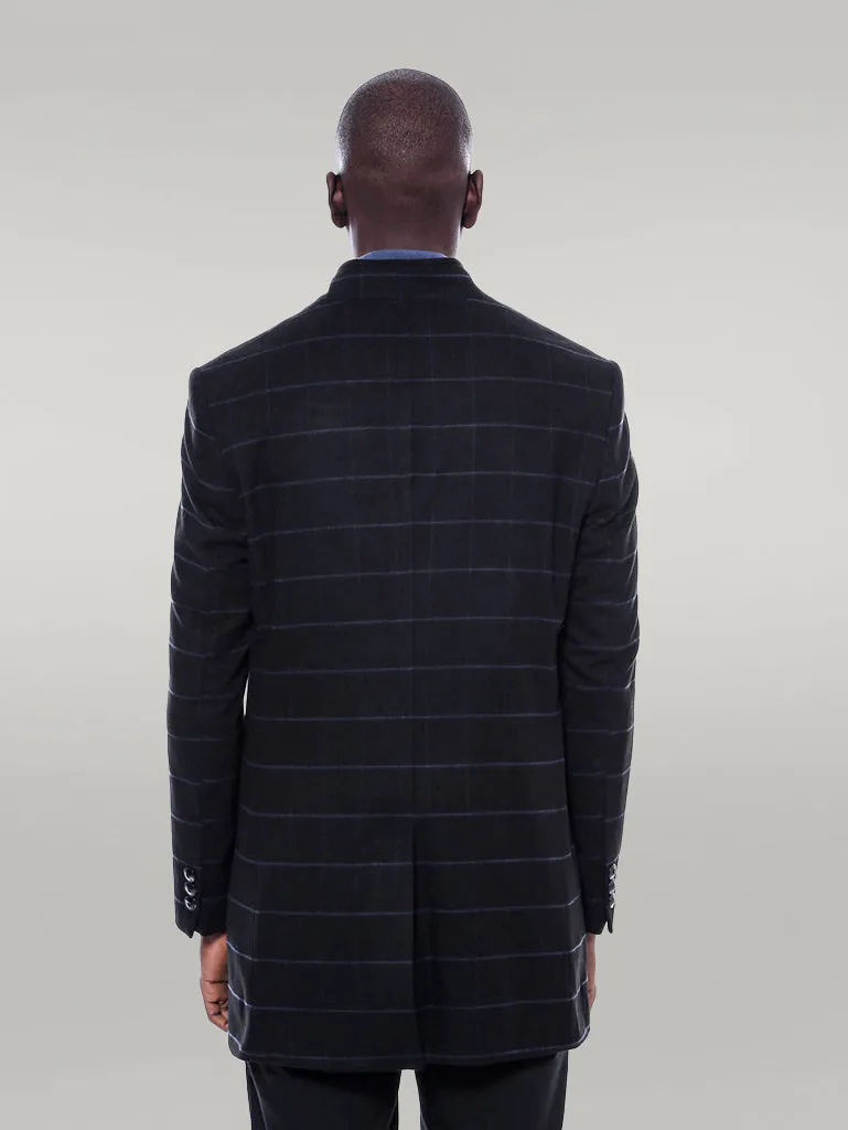 Mandarin Collar Black Checked Coat - Wessi