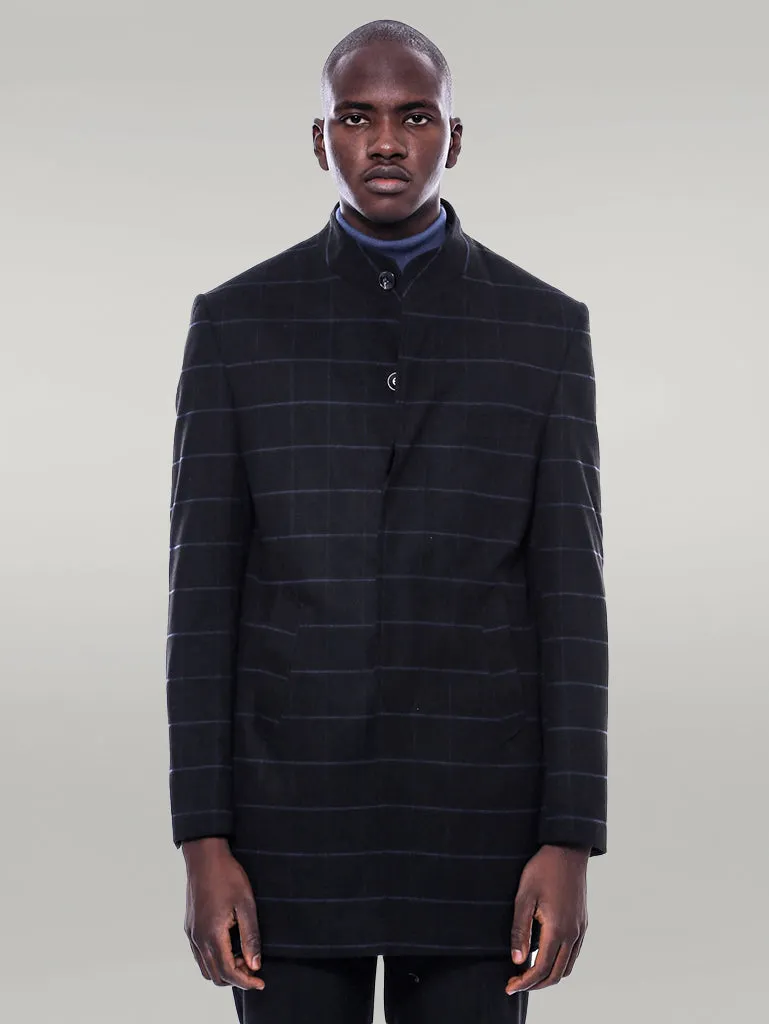 Mandarin Collar Black Checked Coat - Wessi