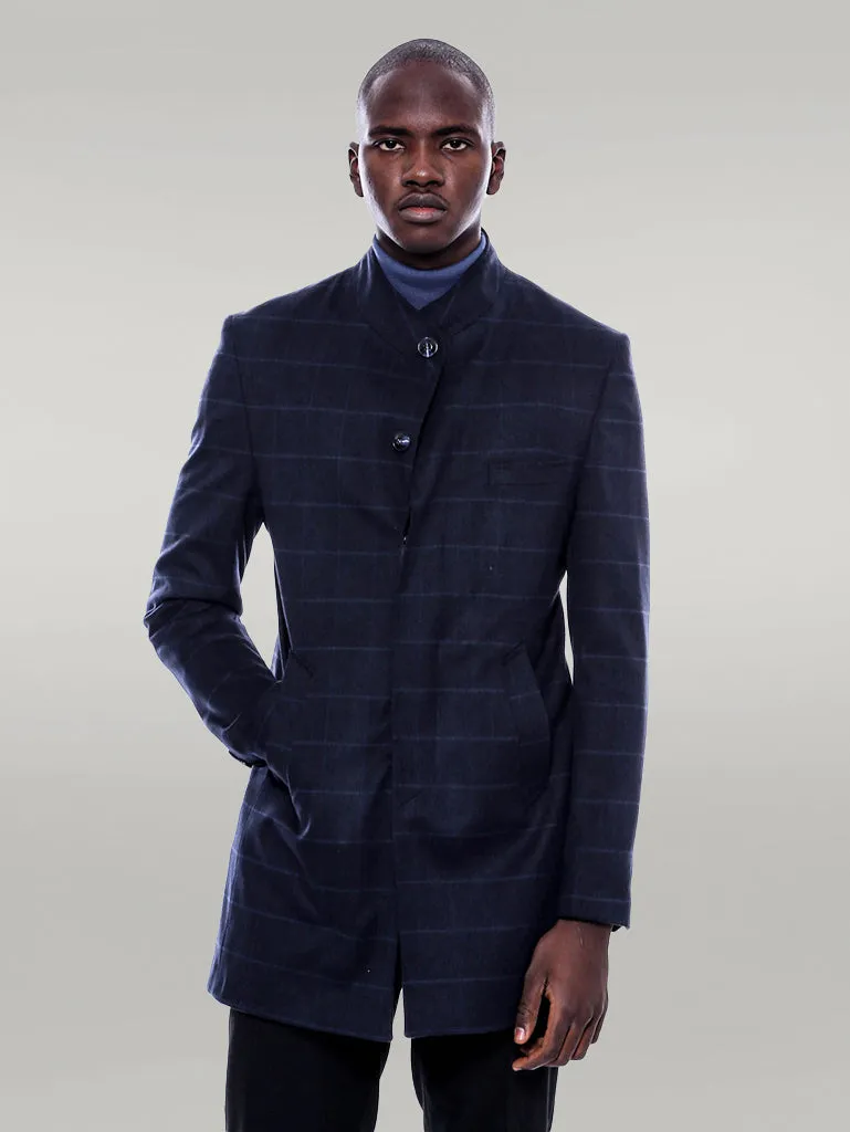 Mandarin Collar Navy Checked Coat - Wessi