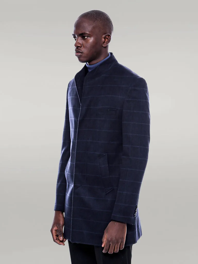Mandarin Collar Navy Checked Coat - Wessi