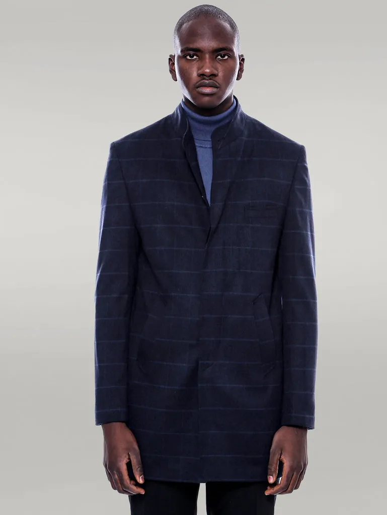 Mandarin Collar Navy Checked Coat - Wessi