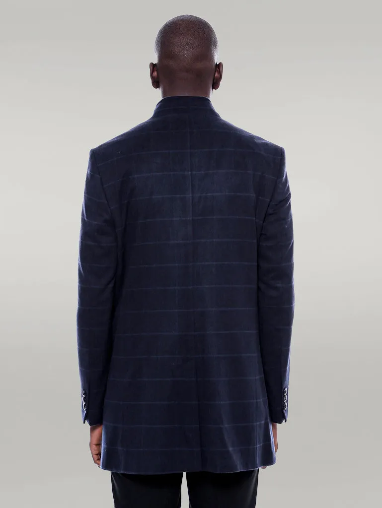 Mandarin Collar Navy Checked Coat - Wessi