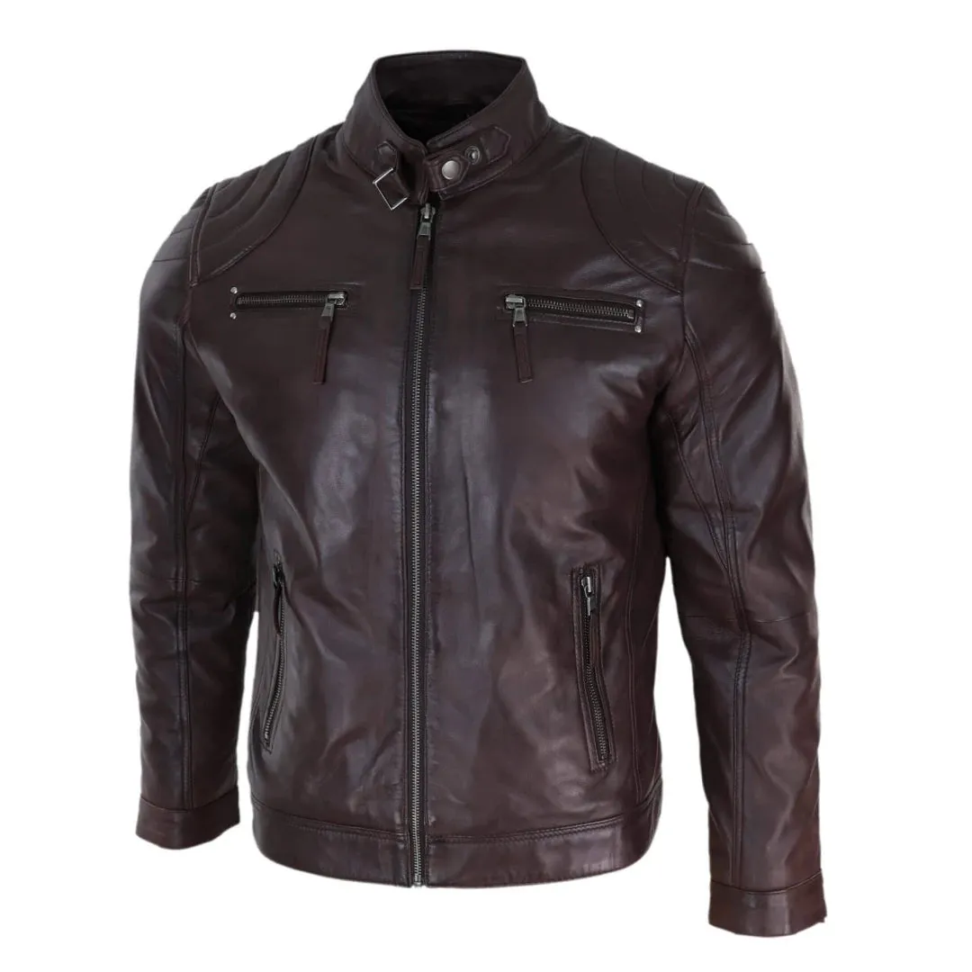 Men's Biker Zip Jacket Leather Light Short Classic Motorcycle