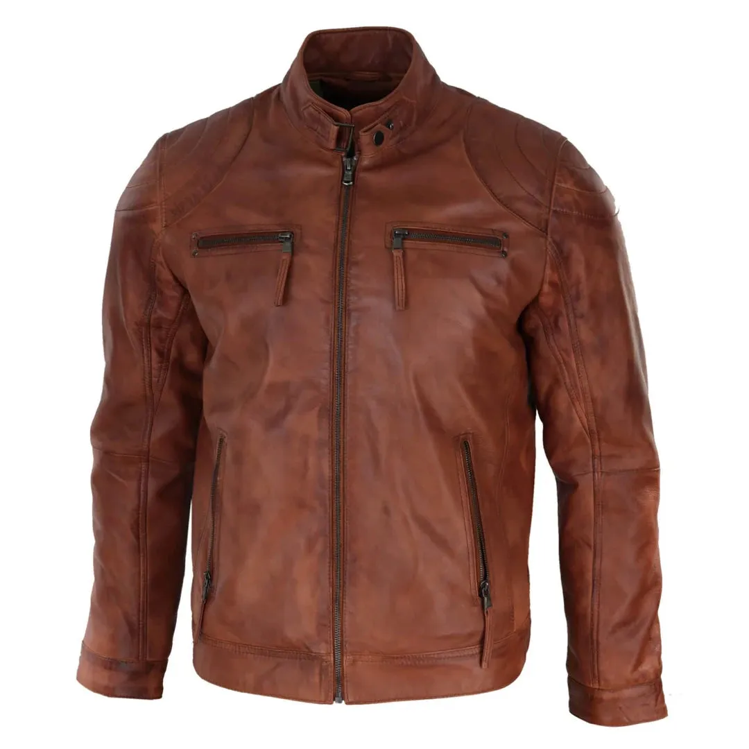 Men's Biker Zip Jacket Leather Light Short Classic Motorcycle